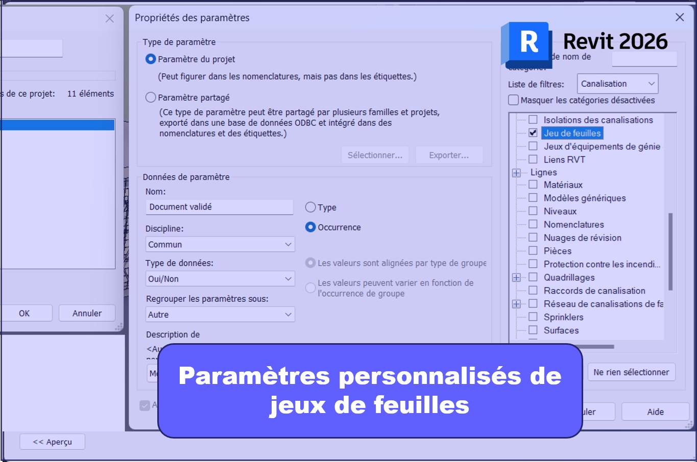 Autodesk Revit 2026 – Paramètres personnalisés de jeux de feuilles